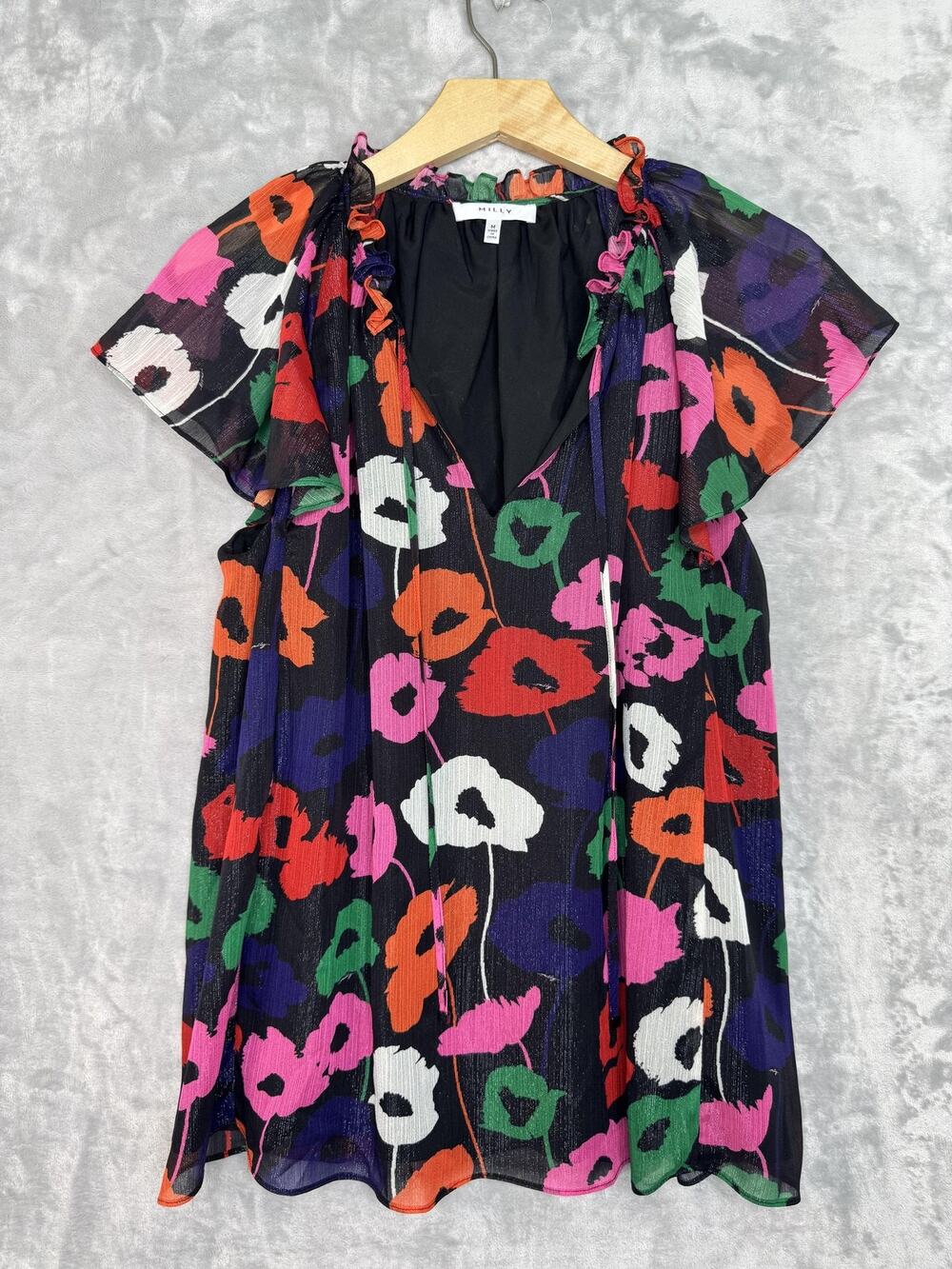 Milly Top Womens Medium Black Multicolor Floral V Neck Swing Chiffon Simmer